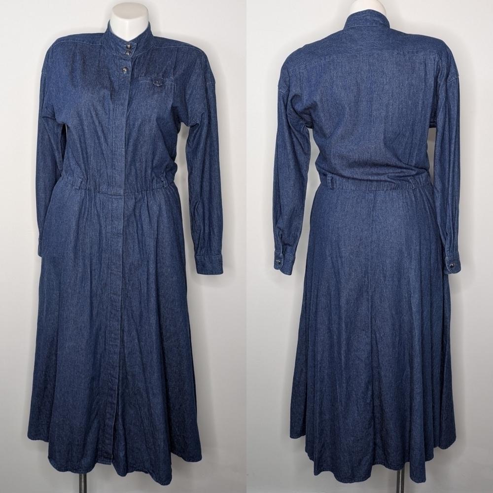 Vintage Andrew Harvey blue denim long sleeve button up dress 14
